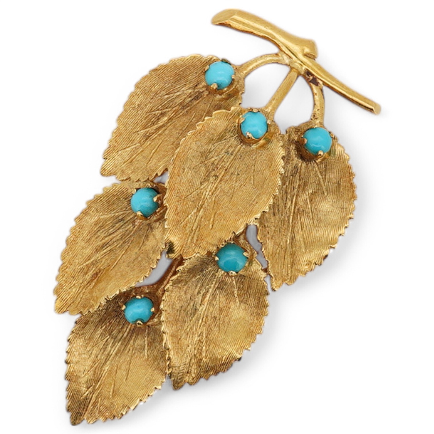 A 1960's 18ct gold and turquoise set leaf brooch, 41mm, gross weight 6.5 grams. Condition - good